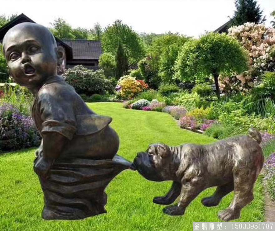 玻璃鋼童趣雕塑 小狗拽小孩褲子雕塑